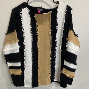 Vince Camuto Tan, Black, & White Fringe Sweater